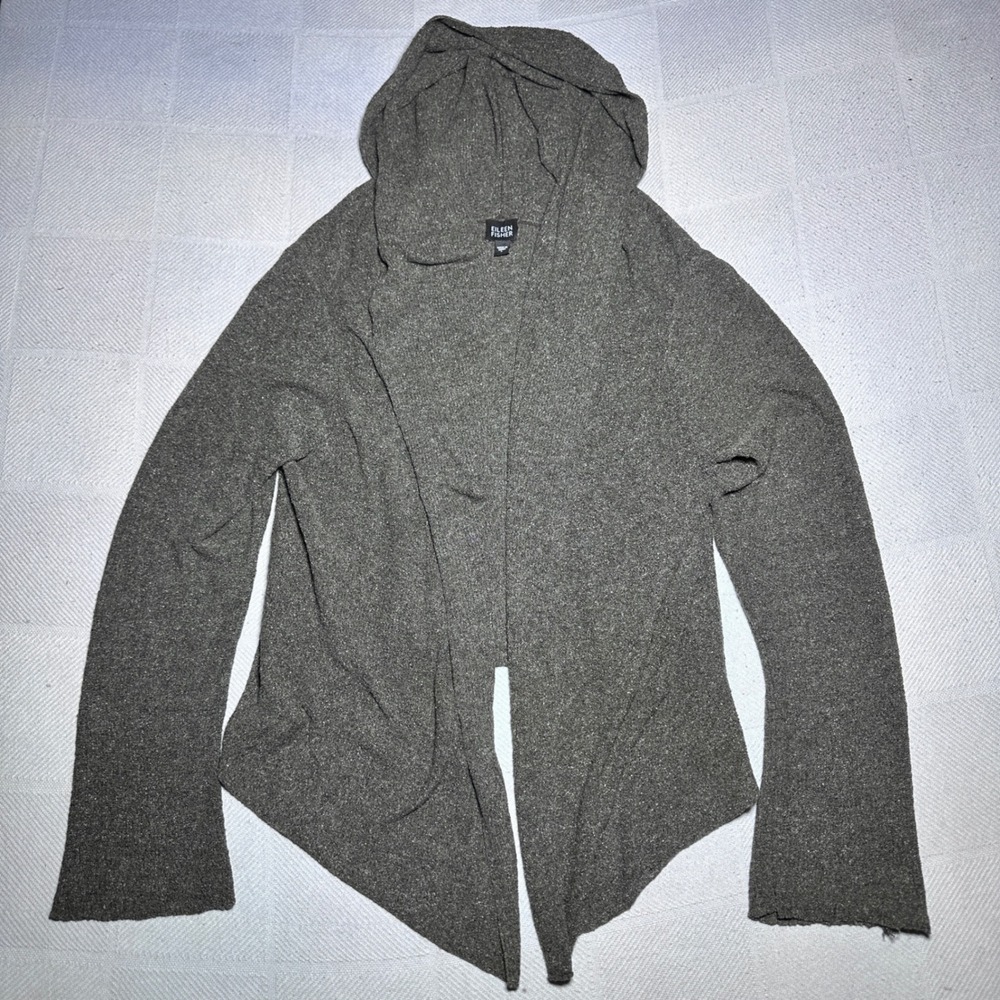 Eileen Fisher Cardigan Womens Large Silk Blend Marled Hooded Open Lagenlook - Picture 1 of 12